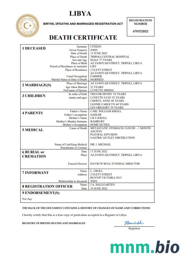 Libya śmierć certyfikat Word i PDF szablon